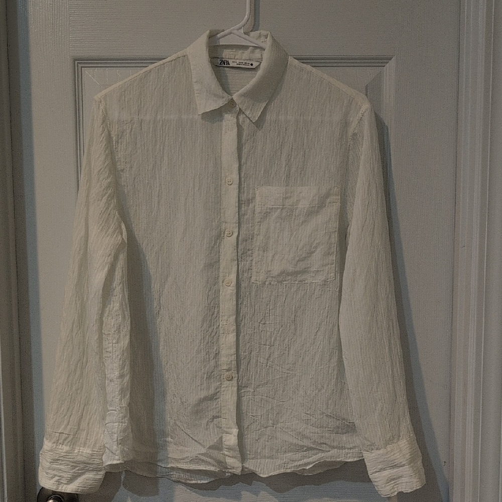 Zara White Textured Button-Up Shirt